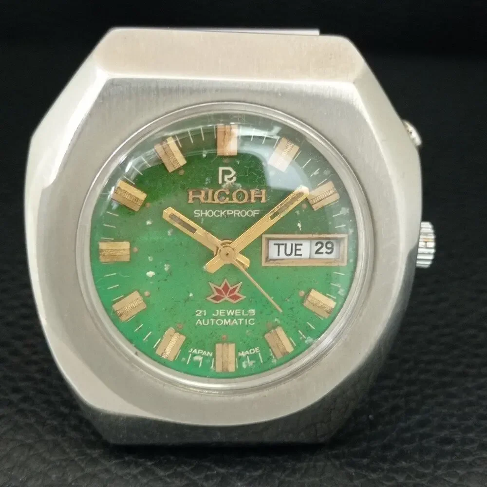 Vintage 1990 Ricoh Automatic Mens Silver Watch W/daydate & Green accents